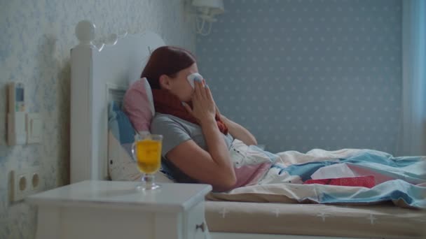 Giovane donna malata sdraiata a letto tenendo in mano una tazza di tè caldo con limone. Donna con sciarpa calda sul collo tossisce e soffia il naso. Influenza e altre malattie respiratorie. — Video Stock