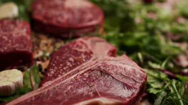 Köy ahşap bir masada sergilenen T-bone ve Osso Buco kesikleri de dahil olmak üzere farklı türde çiğ biftek. Aşçılık, yemek pişirme ya da kasaplık için mükemmel.