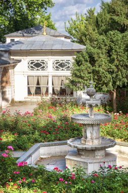 Istanbul, Türkiye, 30 Mayıs 2018: Bağdat Kiosk ve Çeşme Dördüncü Avlu (İmparatorluk avlusu) Topkapı Sarayı, Istanbul, Türkiye, bahar sahnesi.