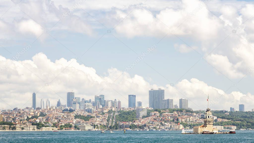 Wide Angle View Of Bosphorus With Maiden's Tower, Istanbul, Turkey