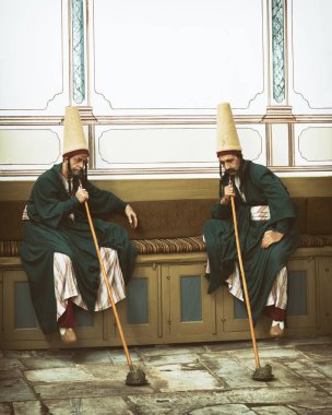 Istanbul, Türkiye, 19 Eylül 2018: Balmumu heykeller Zuluflu Muhafızlar (Zuluflu Baltacilar) yasaktır boru içinde Harem bölümü Topkapı Sarayı, Istanbul, Türkiye.