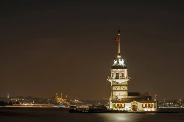 Torre Doncella Por Noche Estambul Turquía — Foto de Stock