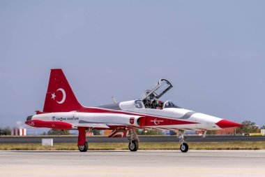 İstanbul, Türkiye, 19 Eylül 2019: Teknofest 2019'da türk yıldızlarının akrobasi gösteri pilotu dinleyicileri selamladı.