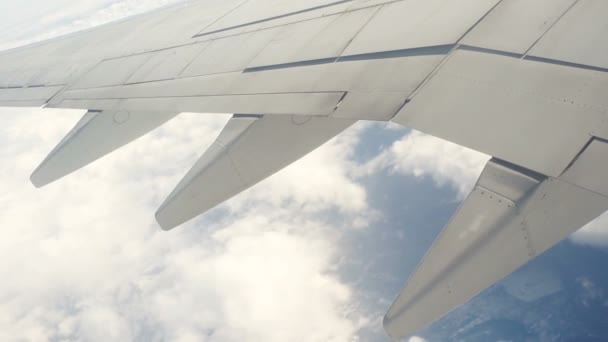 Tragfläche Eines Flugzeugs Das Über Den Wolken Fliegt — Stockvideo