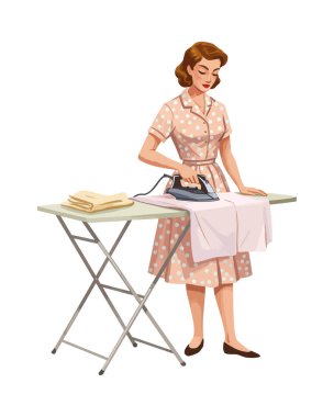 1950 'lerin tarzında giyinmiş, beyaz arka planda soyutlanmış bir ev kadınının katlama masasında ütü yapması.