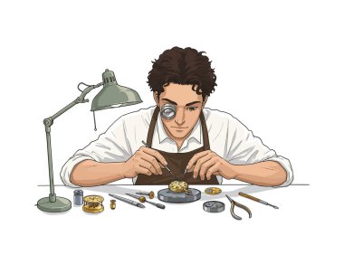 Genç bir saatçinin beyaz arka planda izole edilmiş bir cep saatini tamir edişinin tasviri