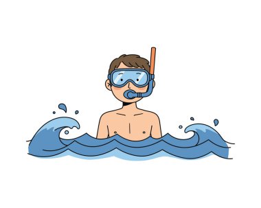 Gözlük takan ve şnorkel takan, dalgaların arasında yüzen beyaz arka planda izole edilmiş bir çocuk tasviri.