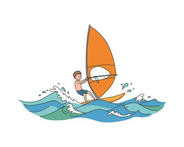 Beyaz arka planda izole bir şekilde dalgalar arasında sörf yapan bir çocuğun tasviri