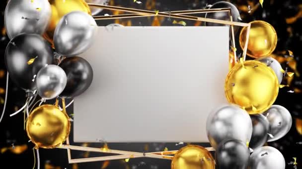 Balões Aniversário Com Confete Cartão Convidado Com Moldura Dourada Renderização — Vídeo de Stock