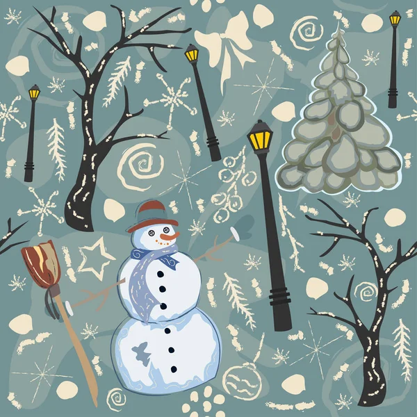 Kardan Adamla Ağaçlarla Fenerlerle Noel Şablonu — Stok Vektör