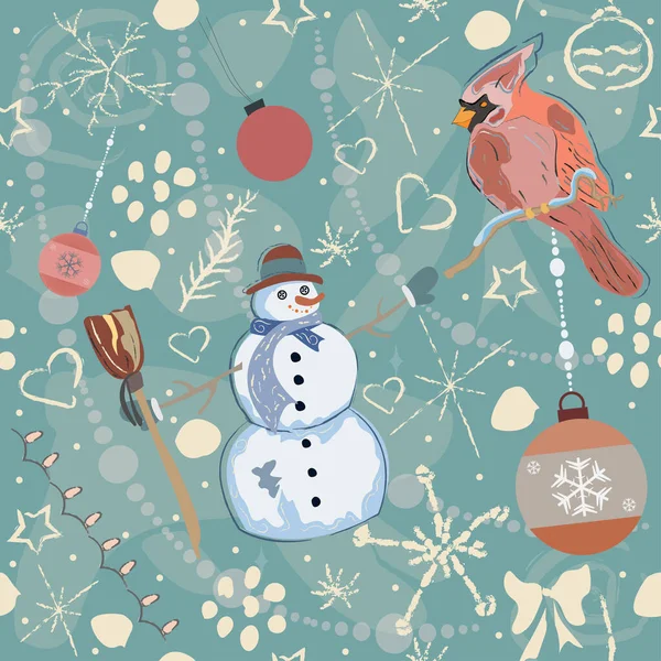 Holiday Christmas Pattern Background Snowman Bird — Stock Vector