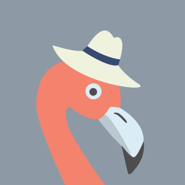 Pembe Flamingo Kafa, Şapka Giyiyor. Retro Biçimi, mavi Arkaplan.