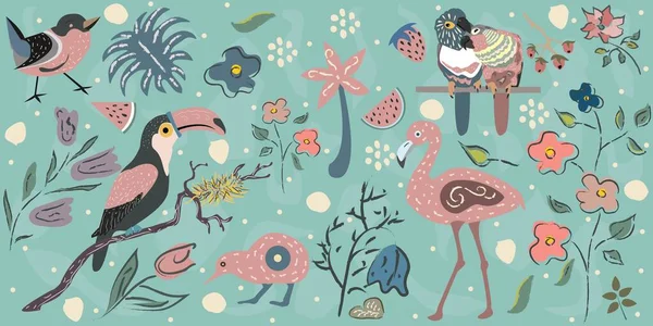 Big Tropical Collection with exotic birds. Flamingo, Parrots, toucan, Australian bird kiwi, small bird plus tropical plants and flowers. Hand Drawn Elements with brushstroke