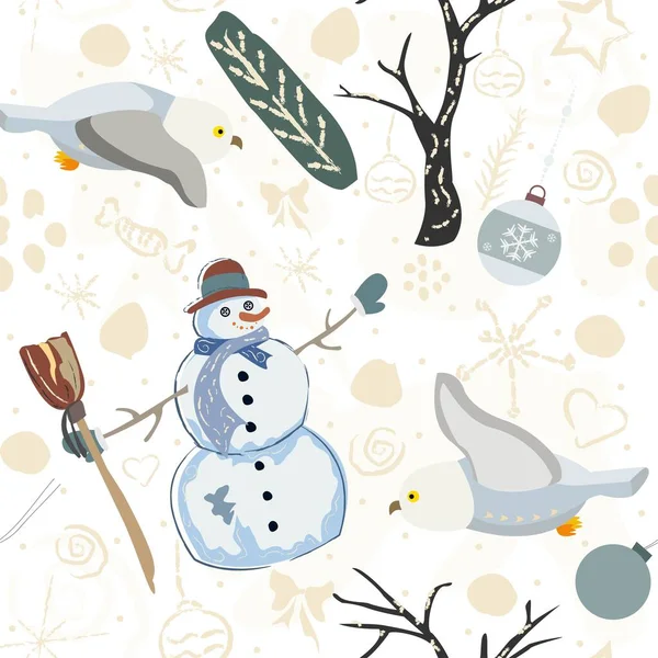 Patrón Invierno Sin Costuras Con Muñeco Nieve Búhos Ilustración Vectorial — Vector de stock