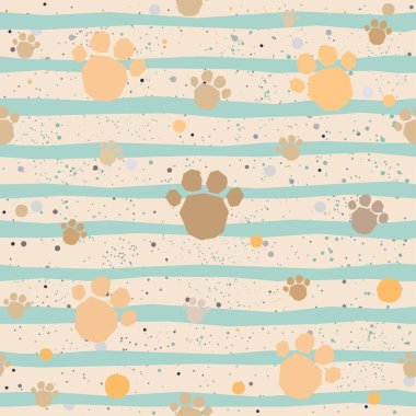 Pastel mavi çizgili, bej arkaplanlı, küçük noktalı, altın köpek pençeli şirin desenler. El Çizimi Tasarımı.