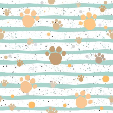 Pastel mavi çizgili, bej arkaplanlı, küçük noktalı, altın köpek pençeli şirin desenler. El Çizimi Tasarımı.