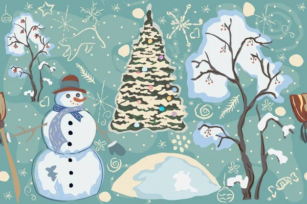 Lindo Muñeco Nieve Woodland Feliz Navidad Colección Invierno Diseño Único — Vector de stock