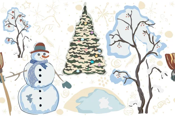 Lindo Muñeco Nieve Woodland Feliz Navidad Colección Invierno Diseño Único — Vector de stock