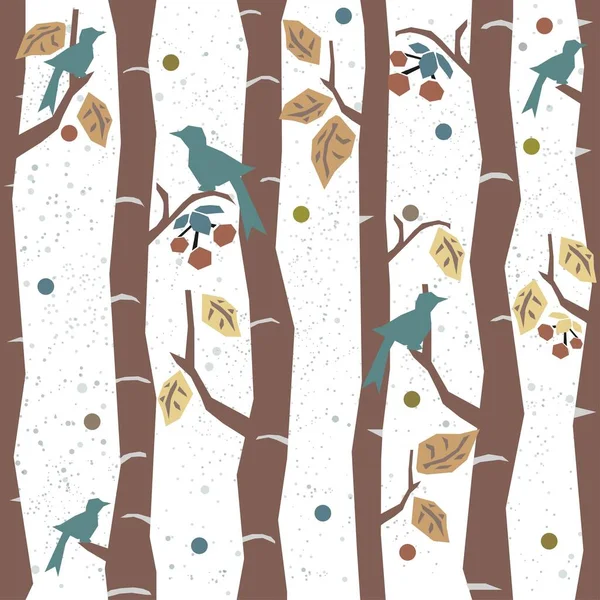Безшовний Візерунок Дерева Великими Птахами Ягодами Листям Осінній Дизайн — стоковий вектор
