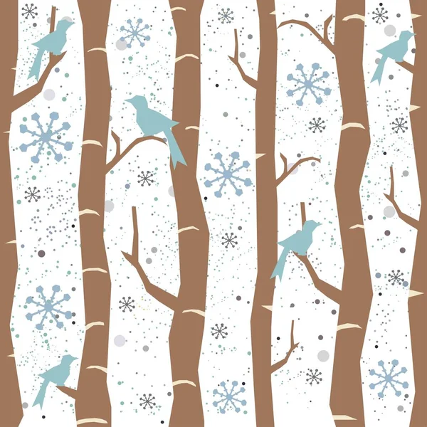 Бесшовный Узор Дерева Большими Птицами Снежинками Зимний Дизайн — стоковый вектор