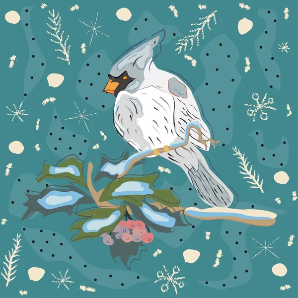 Winter Holiday Greeting Card Cute Hand Drawn Cardinal Bird Rowan — 스톡 벡터