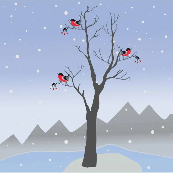 Arbre Hiver Avec Quelques Baies Des Oiseaux Rouges Sur Fond — Image vectorielle