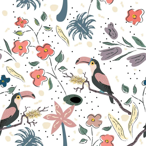 Modèle Été Créatif Avec Des Oiseaux Exotiques Toucan — Image vectorielle