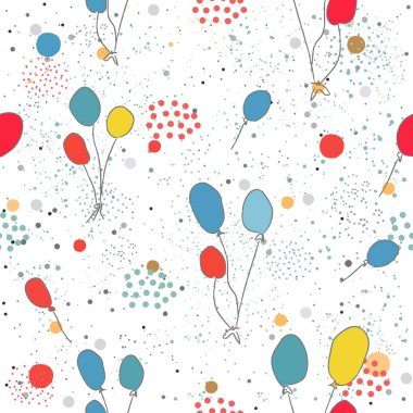 Noktalı arka planda renkli balonları olan kusursuz komik desenler. El Çizimi Tasarımı.