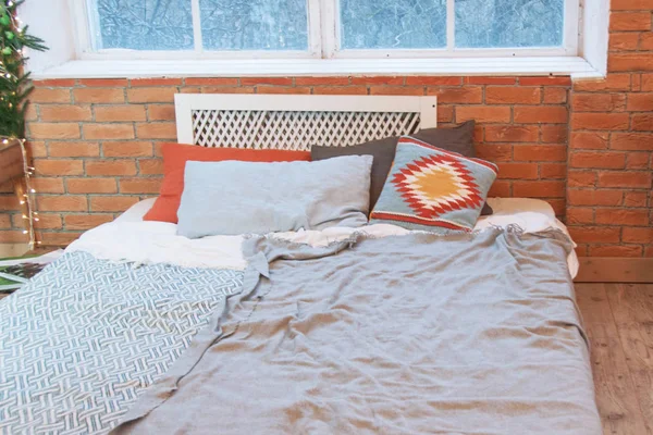 Loft design of interior bedroom studio with wall of bricks and plants — Stock Photo, Image