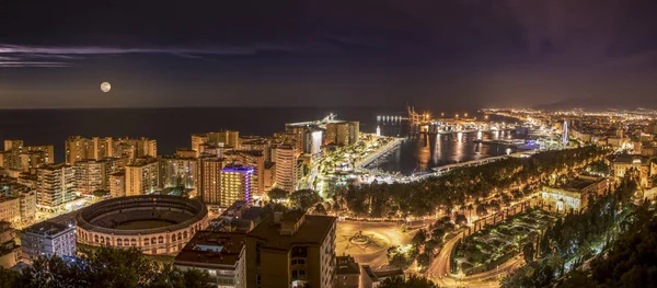 Night Cityscape Malaga City Mediterranean Sea Port Background — Stock Photo, Image