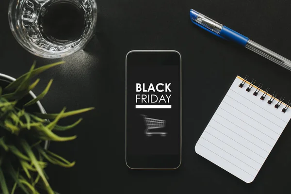 Top Visning Mobiltelefon Med Black Friday Marketing Design Skærmen Sort - Stock-foto