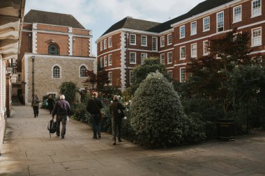 Londra, İngiltere - 25 Ekim, 2018: güzel İngilizce avlu boyunca yürüyüş ve güzel insanlarla Bina Bahçe bitkiler ve çiçekler, Westminster City, Londra, İngiltere.