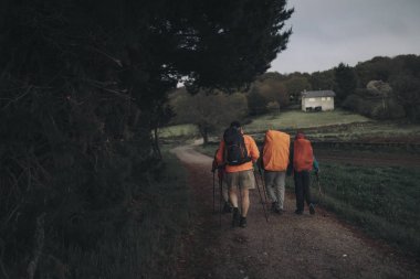 Sarria, İspanya - 6 Nisan 2019: Galiçya'da Camino de Santiago yolunda yürüyen çantalı hacılar grubu, bir raydan yeşil çayırboyunca.