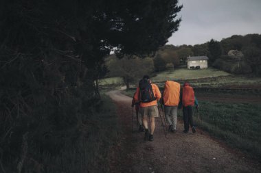 Sarria, Spain - April 6th, 2019: Group of pilgrims with bagpack walking by Camino de Santiago way in Galicia, across a green meadow by a track. clipart