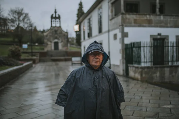 Happy Senior Man Portrait Raincoat Front Romanesque Church Camino Santiago — Stock Photo, Image
