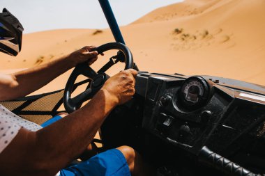 Adam elleri çöl kumullarında at arabası sürüyor. Kokpitten görüntü.