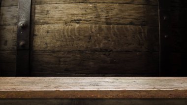 fıçının arka planı ve aşınmış eski ahşap masa.