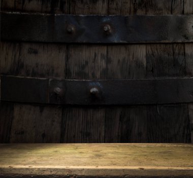 fıçının arka planı ve aşınmış eski ahşap masa