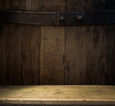 fıçının arka planı ve aşınmış eski ahşap masa