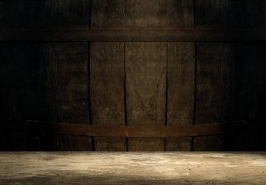 fıçının arka planı ve aşınmış eski ahşap masa.