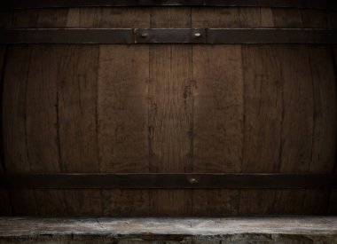 fıçının arka planı ve aşınmış eski ahşap masa.