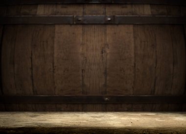 fıçının arka planı ve aşınmış eski ahşap masa.