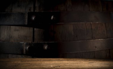 fıçının arka planı ve aşınmış eski ahşap masa.