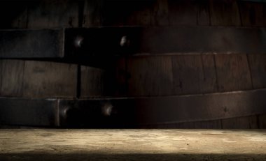 fıçının arka planı ve aşınmış eski ahşap masa.