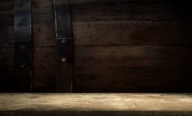 fıçının arka planı ve aşınmış eski ahşap masa.