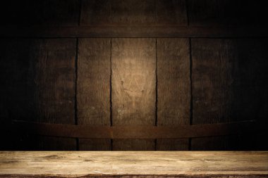 background of barrel and worn old table of wood. clipart