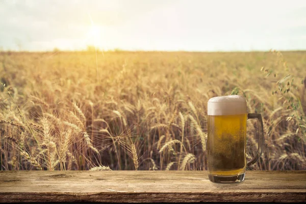 Beer keg with glasses of beer on rural countryside background.