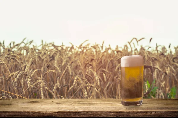 Beer keg with glasses of beer on rural countryside background.