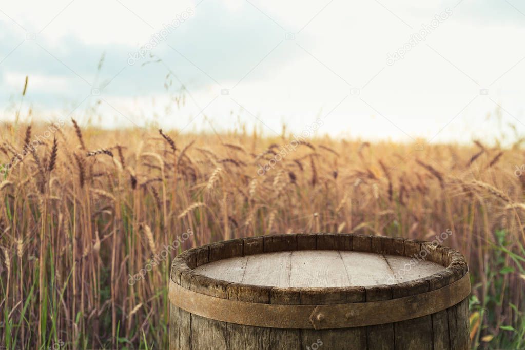 beer with wheat background on wooden table.