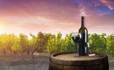 Kırmızı şarap şişesi ve yün fıçıda şarap kadehi. Güzel Toskana arka planı